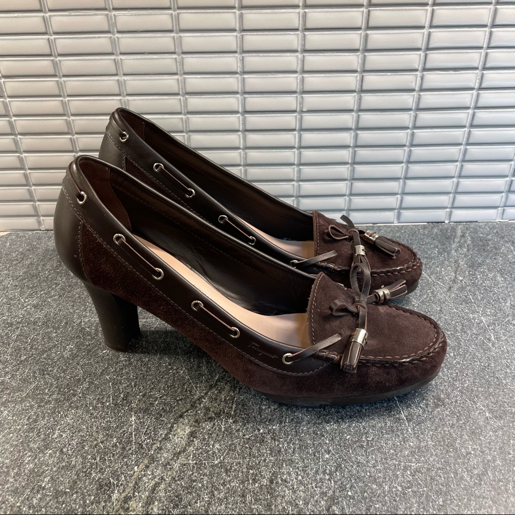 Salvatore Ferragamo Leatrice Brown Leather Decollete Heel Shoes